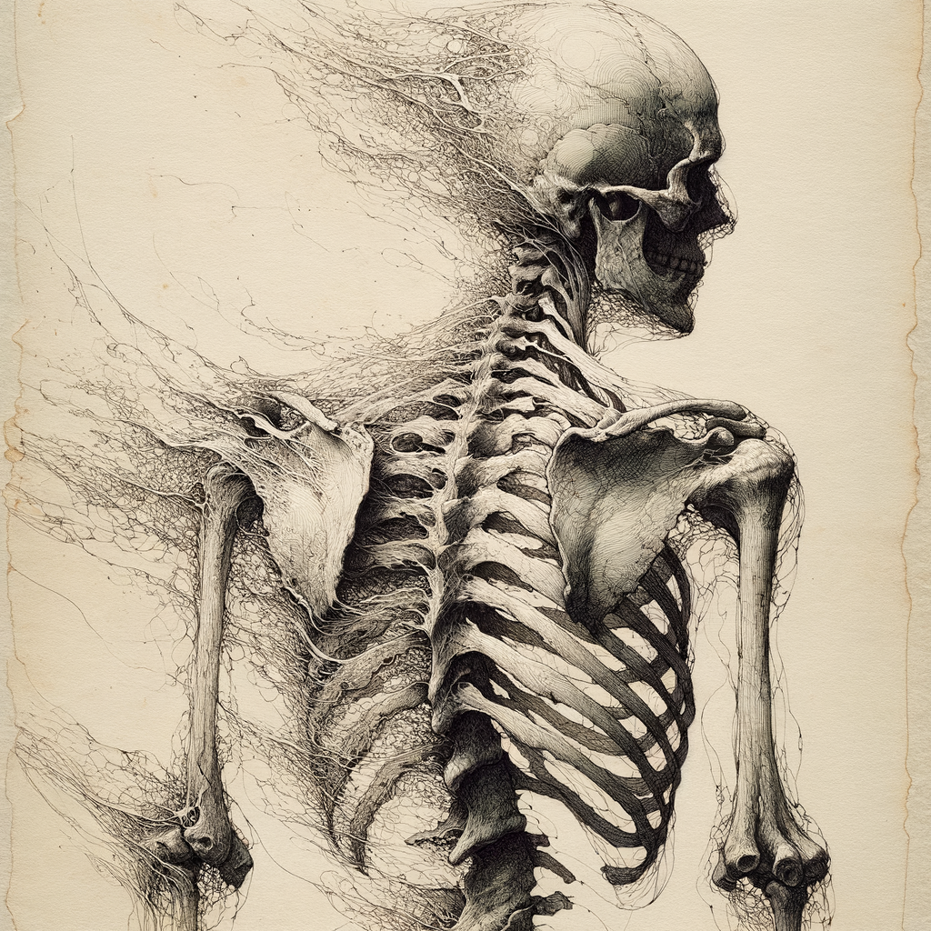 A seated nude figure dissolving at the edges while the core pattern persists