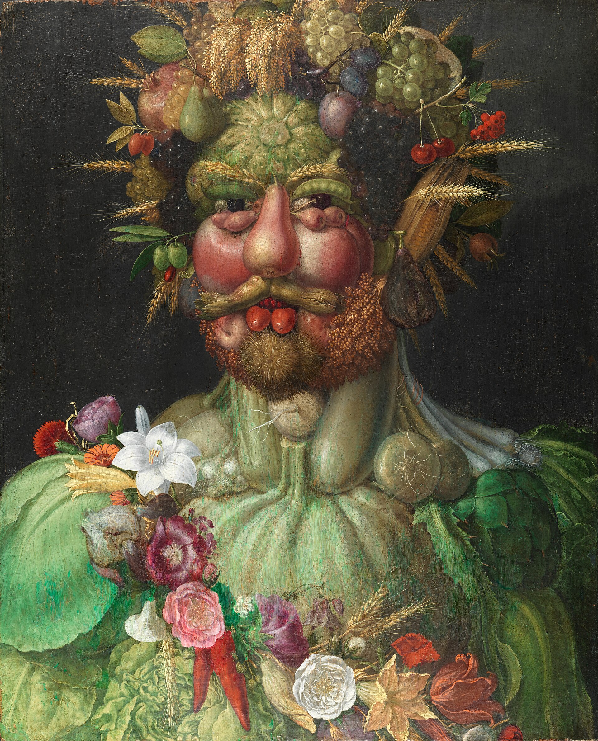 A portrait composed entirely of fruits, flowers, and vegetables forming a human face — the whole has expression that no individual part possesses