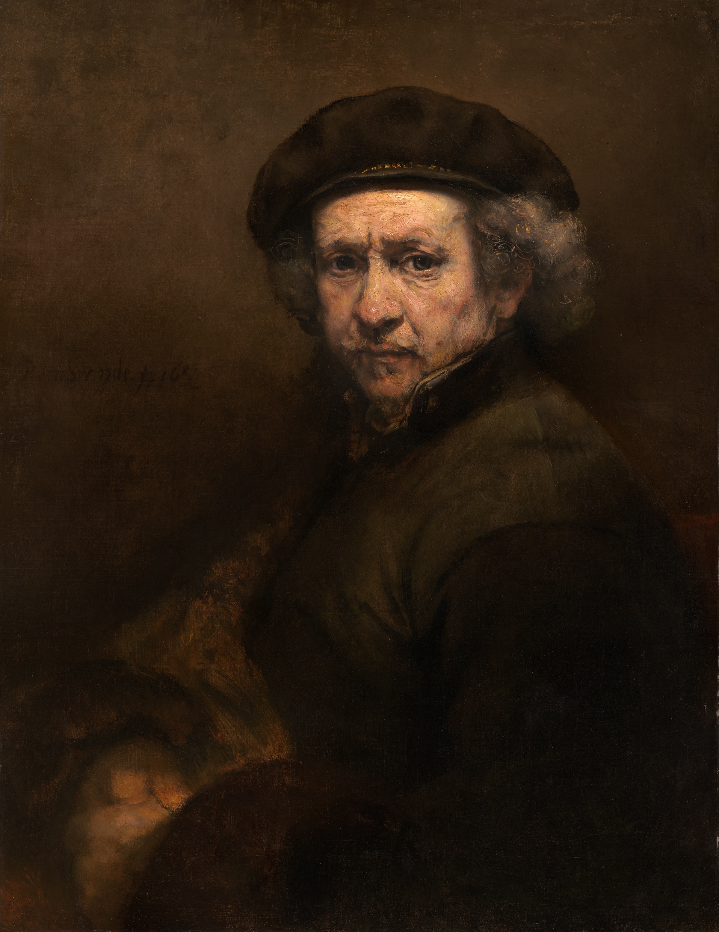 An elderly Rembrandt, face weathered and unflinching, emerging from deep shadow — every line earned