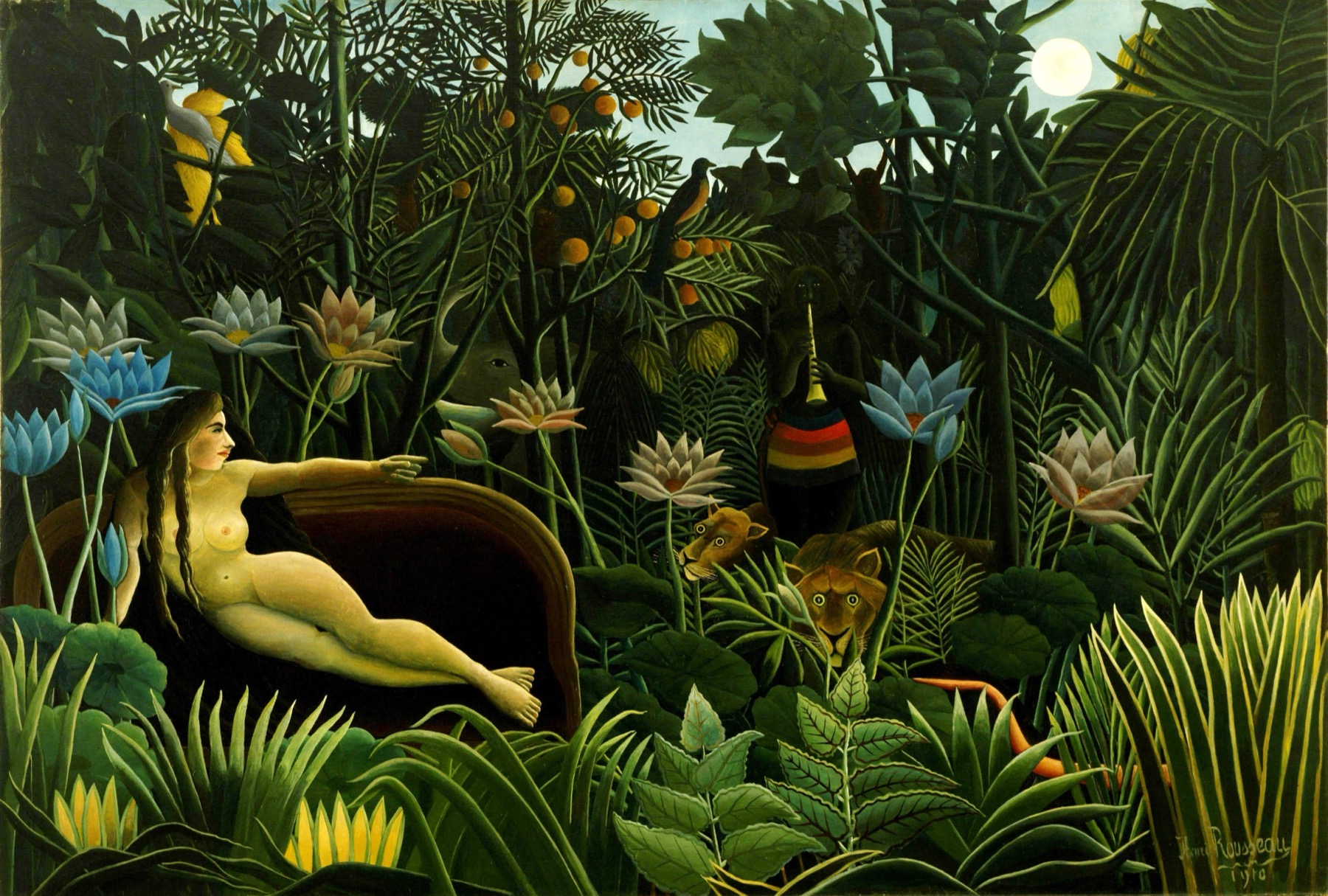 A nude woman reclines on a couch in a dense jungle where every plant and animal seems alive and watching — the world experienced as animate, agentive, meaningful